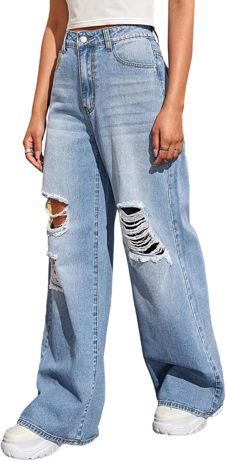 BestGirl Women's Baggy Jeans Pull On Stretchy Loose High Waisted Wide Leg Denim Pants Y2K 90s