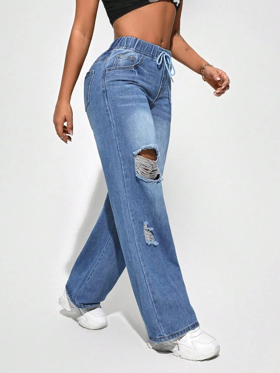 BestGirl Women's Baggy Jeans Pull On Stretchy Loose High Waisted Wide Leg Denim Pants Y2K 90s