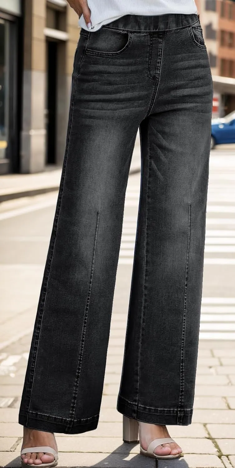 BestGirl Women's Baggy Jeans Pull On Stretchy Loose High Waisted Wide Leg Denim Pants Y2K 90s