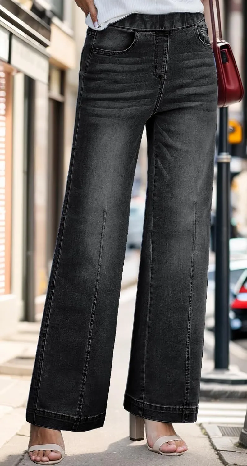 BestGirl Women's Baggy Jeans Pull On Stretchy Loose High Waisted Wide Leg Denim Pants Y2K 90s