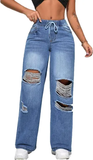 BestGirl Women's Baggy Jeans Pull On Stretchy Loose High Waisted Wide Leg Denim Pants Y2K 90s
