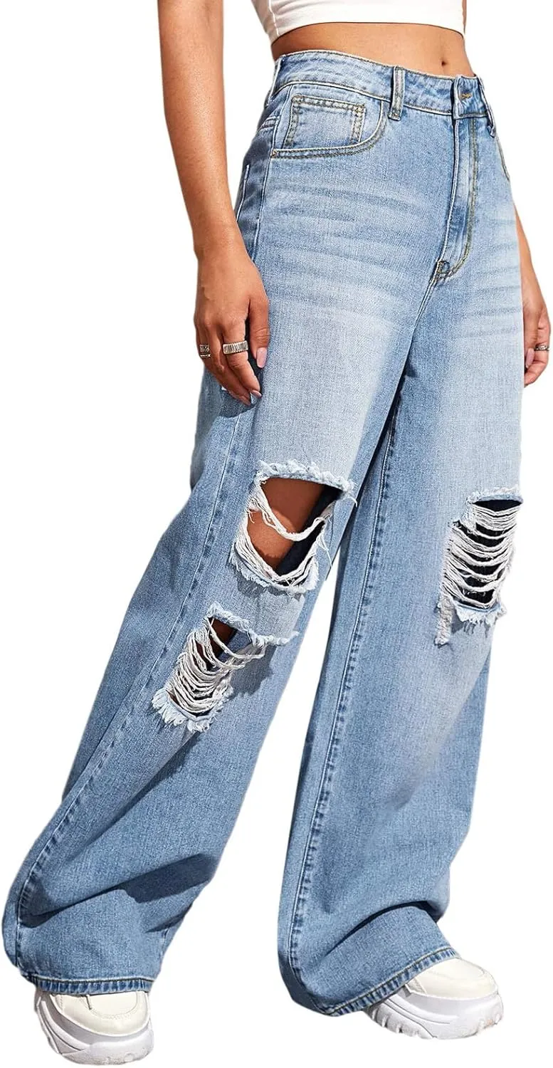 BestGirl Women's Baggy Jeans Pull On Stretchy Loose High Waisted Wide Leg Denim Pants Y2K 90s