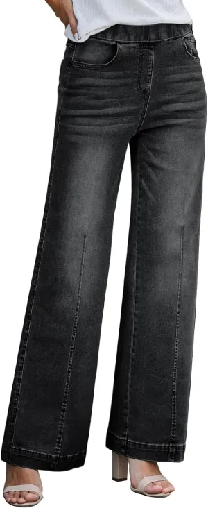 BestGirl Women's Baggy Jeans Pull On Stretchy Loose High Waisted Wide Leg Denim Pants Y2K 90s