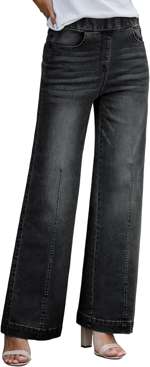 BestGirl Women's Baggy Jeans Pull On Stretchy Loose High Waisted Wide Leg Denim Pants Y2K 90s