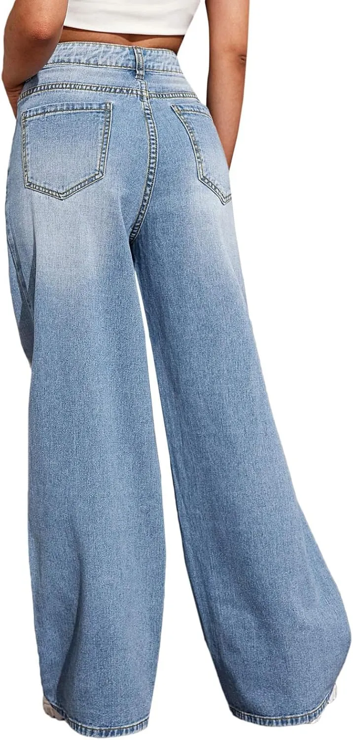 BestGirl Women's Baggy Jeans Pull On Stretchy Loose High Waisted Wide Leg Denim Pants Y2K 90s