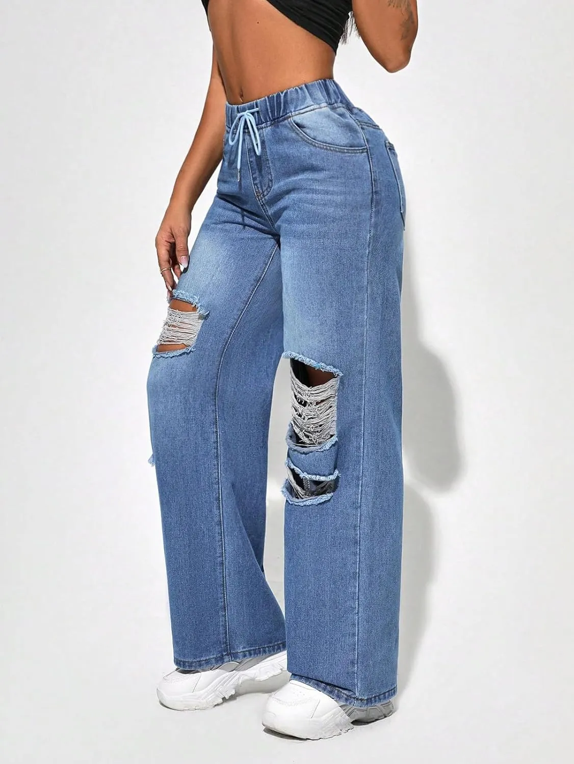 BestGirl Women's Baggy Jeans Pull On Stretchy Loose High Waisted Wide Leg Denim Pants Y2K 90s