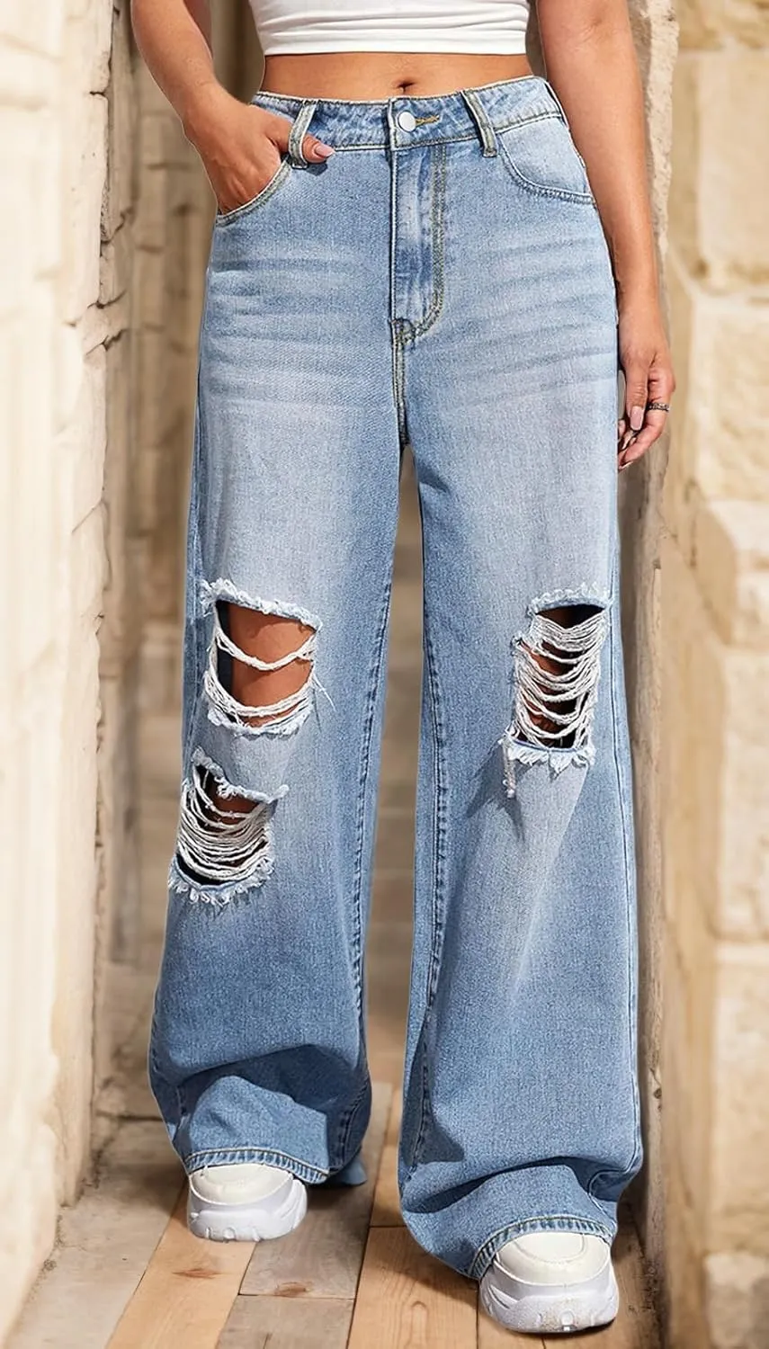 BestGirl Women's Baggy Jeans Pull On Stretchy Loose High Waisted Wide Leg Denim Pants Y2K 90s