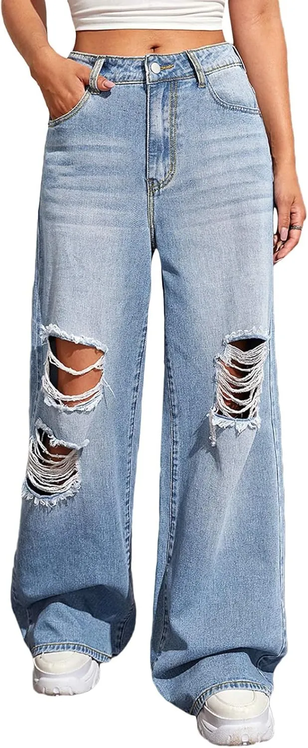 BestGirl Women's Baggy Jeans Pull On Stretchy Loose High Waisted Wide Leg Denim Pants Y2K 90s
