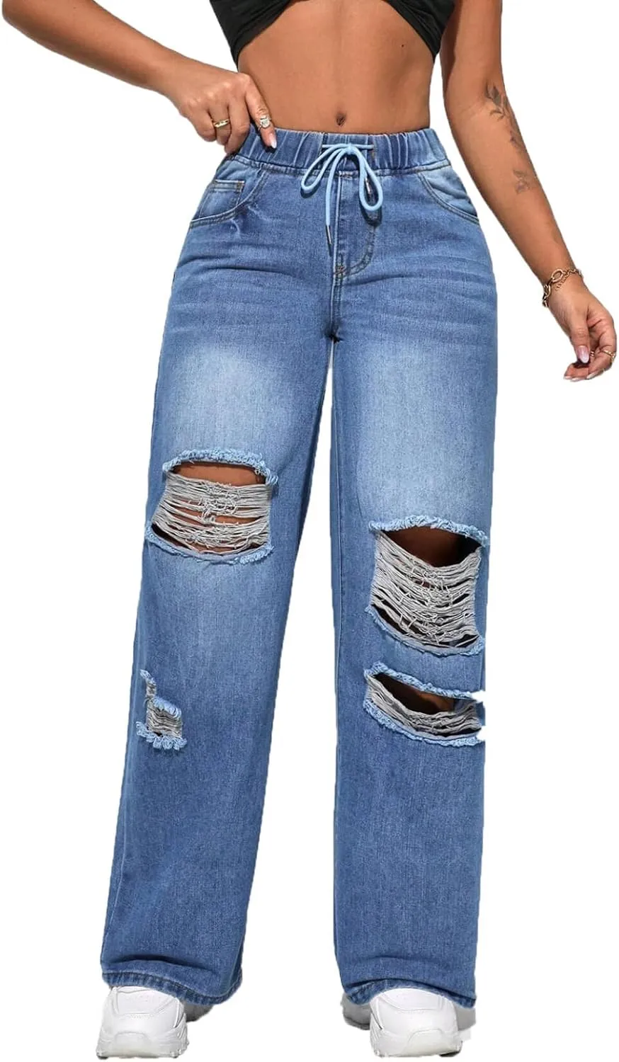 BestGirl Women's Baggy Jeans Pull On Stretchy Loose High Waisted Wide Leg Denim Pants Y2K 90s