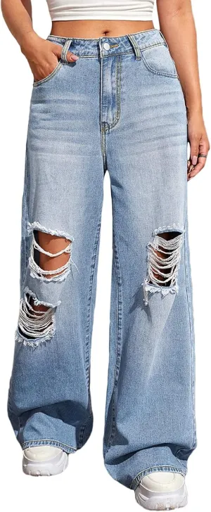 BestGirl Women's Baggy Jeans Pull On Stretchy Loose High Waisted Wide Leg Denim Pants Y2K 90s
