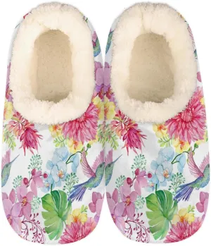 Bird Flowers Orchids House Slippers for Women Men Winter Warm Cozy Fuzzy Shoes Soft Non Slip Indoor Outdoor Slippers for Home Bedroom Kitchen, M