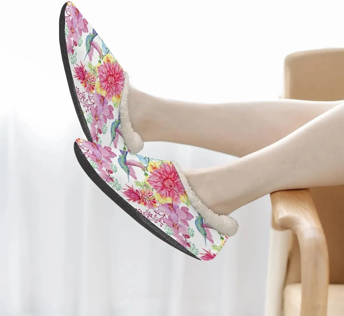 Bird Flowers Orchids House Slippers for Women Men Winter Warm Cozy Fuzzy Shoes Soft Non Slip Indoor Outdoor Slippers for Home Bedroom Kitchen, M