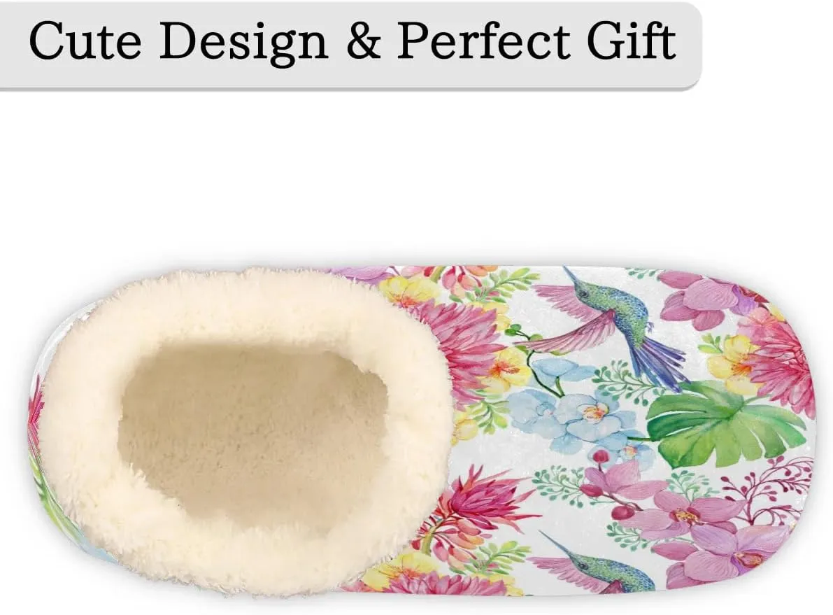 Bird Flowers Orchids House Slippers for Women Men Winter Warm Cozy Fuzzy Shoes Soft Non Slip Indoor Outdoor Slippers for Home Bedroom Kitchen, M