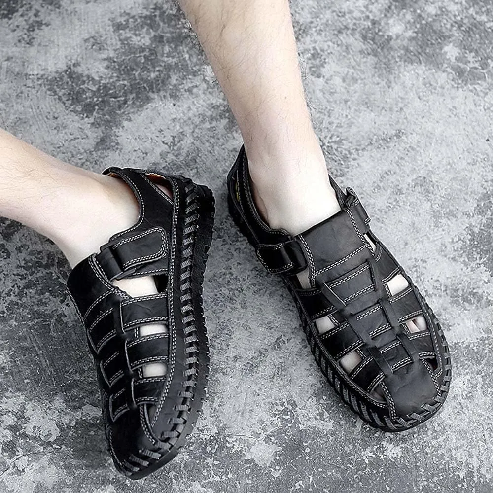 Bitiger Mens Closed Toe Leather Sandals Outdoor Adjustable Fisherman Sandals