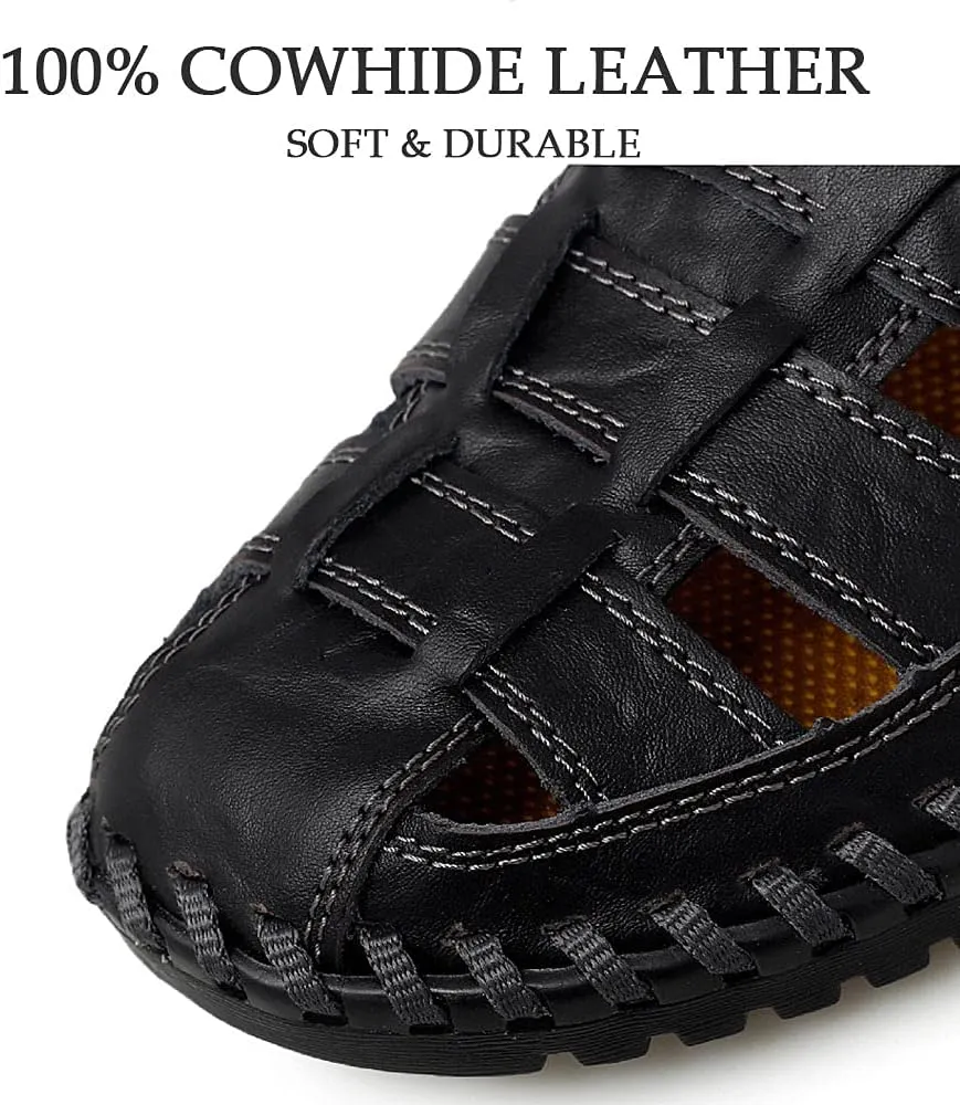 Bitiger Mens Closed Toe Leather Sandals Outdoor Adjustable Fisherman Sandals