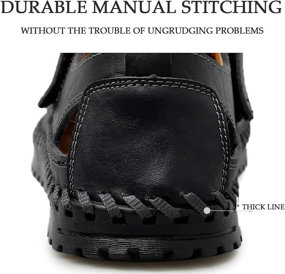 Bitiger Mens Closed Toe Leather Sandals Outdoor Adjustable Fisherman Sandals