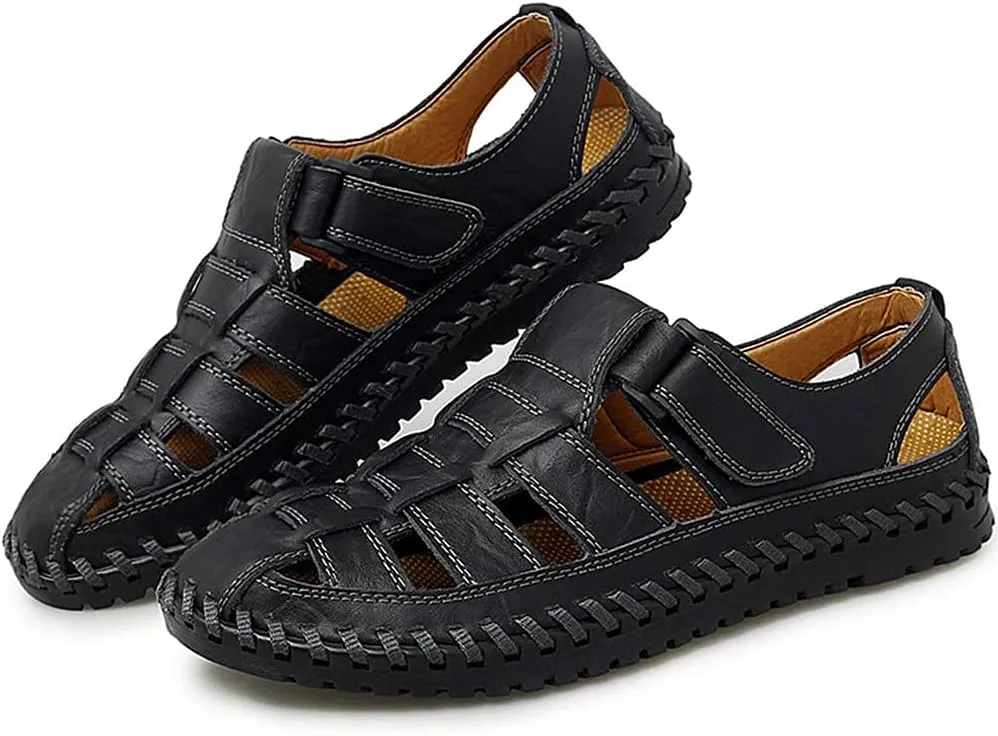 Bitiger Mens Closed Toe Leather Sandals Outdoor Adjustable Fisherman Sandals