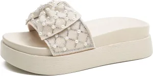 Bow Rhinestones Platform Slides Sandals for Women Sparkle Pearl Slip-on Open Toe Comfort Soft Sole Home Outdoor Beach Slipper