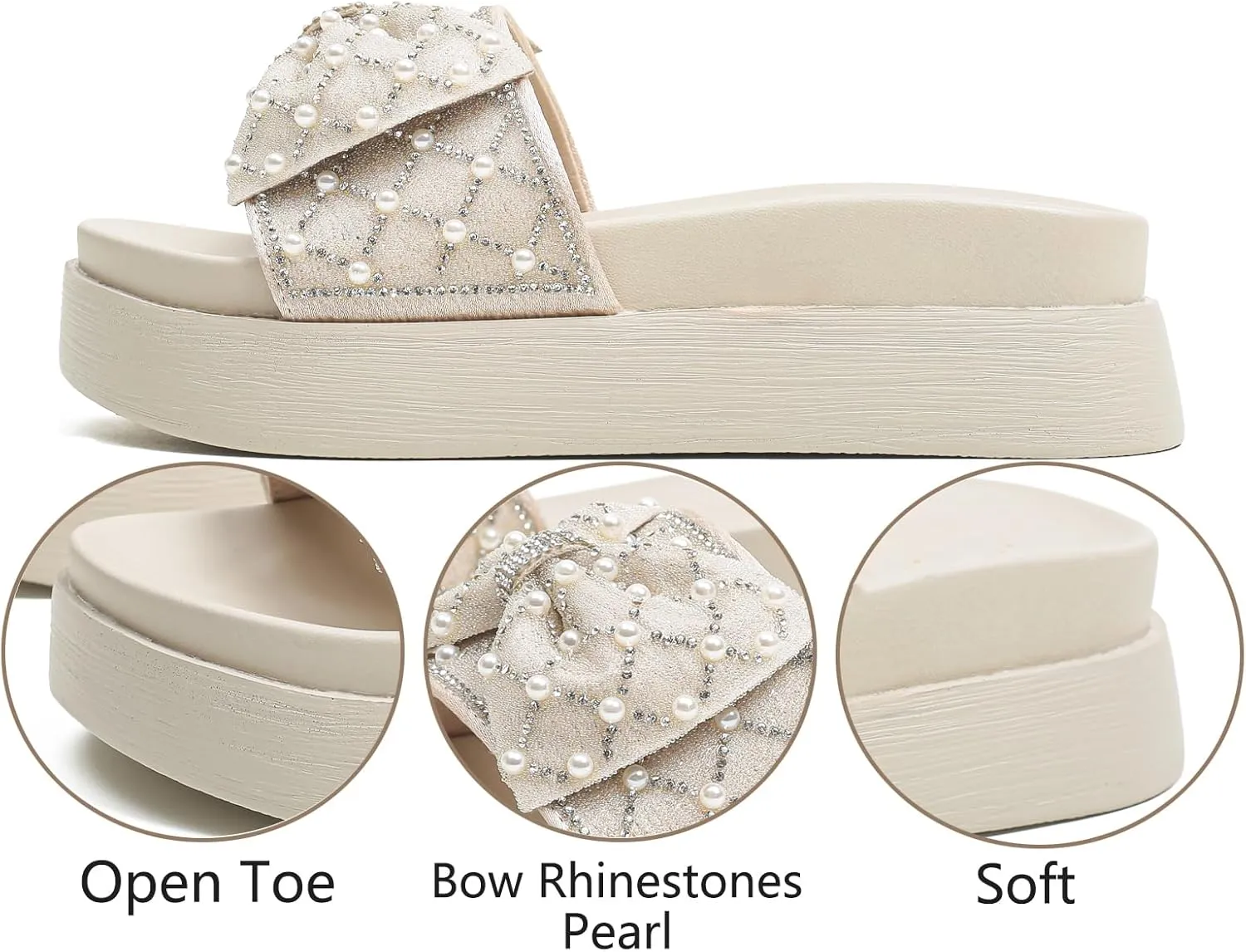Bow Rhinestones Platform Slides Sandals for Women Sparkle Pearl Slip-on Open Toe Comfort Soft Sole Home Outdoor Beach Slipper
