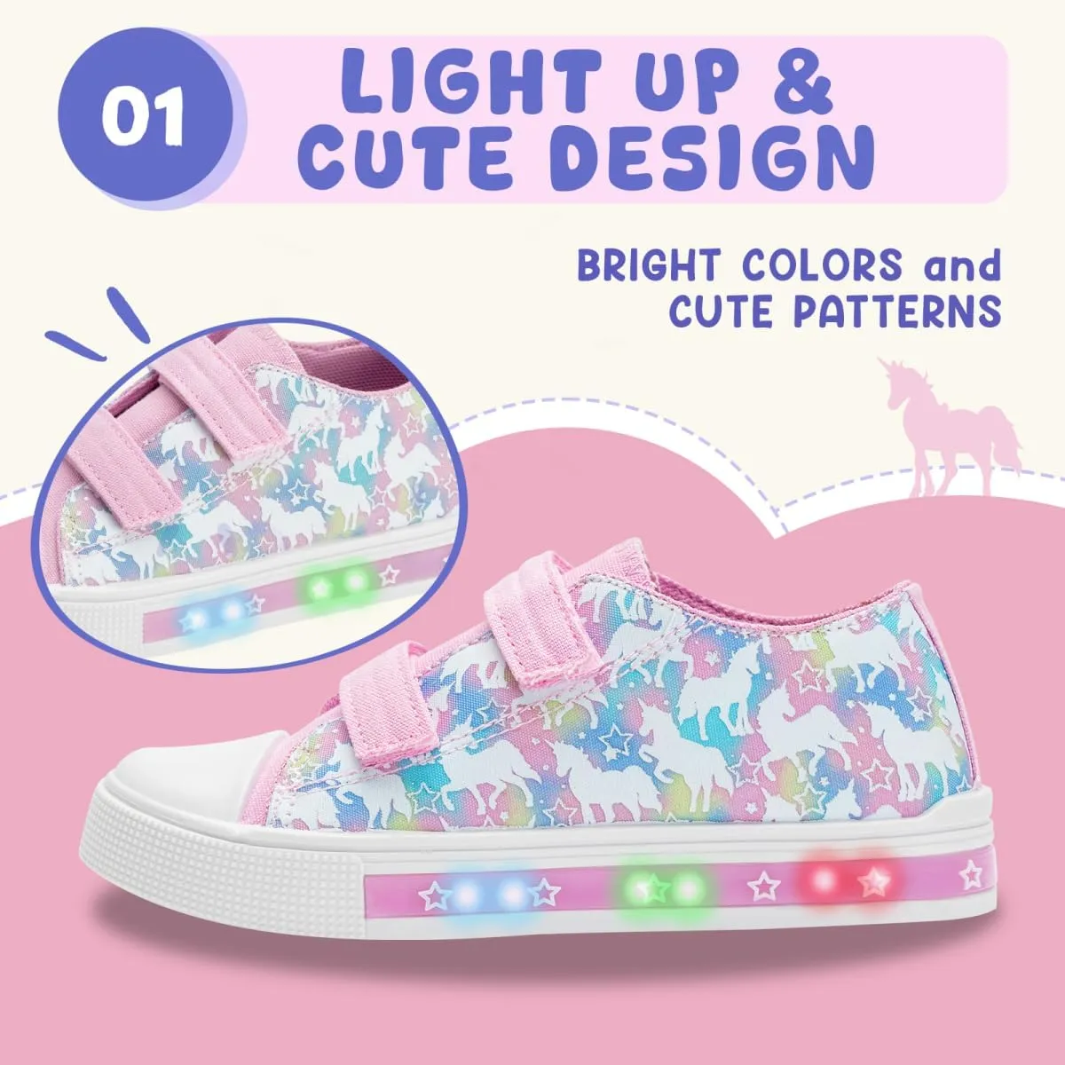 Boys Girls Sneakers Light Up Canvas Shoes for Toddler Kids Easy Fasten Fashion Shoes with Hook and Loops