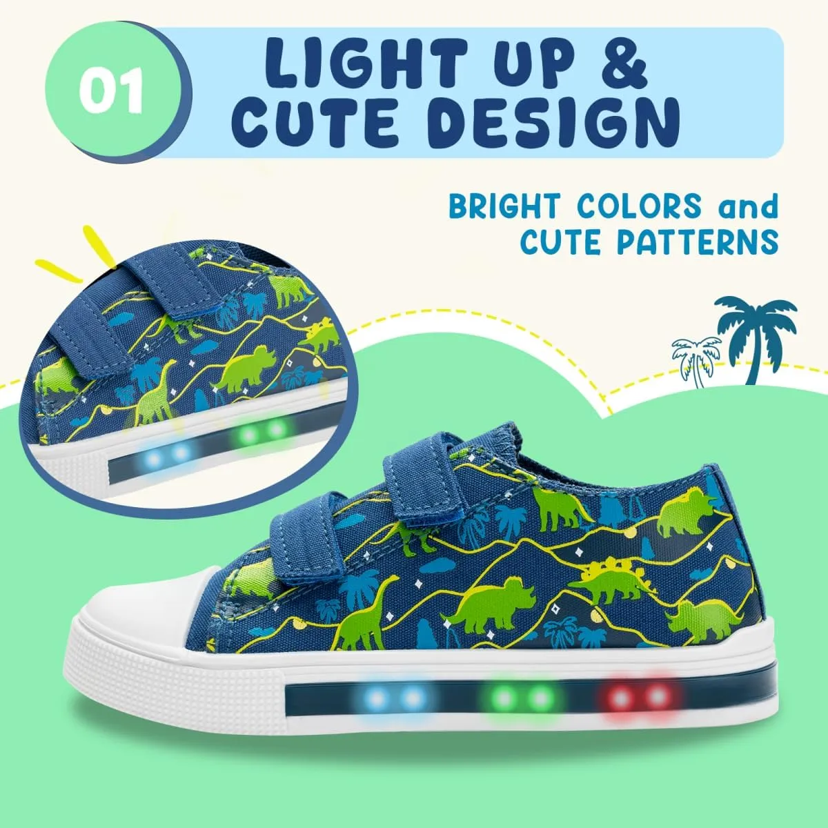 Boys Girls Sneakers Light Up Canvas Shoes for Toddler Kids Easy Fasten Fashion Shoes with Hook and Loops