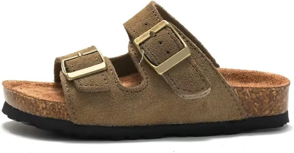 Boys Girls Summer Cork Footbed Slide Sandal, Arch Support Outdoor Suede Sandals with Adjustable Buckle for Toddler/Little Kid/Big Kid