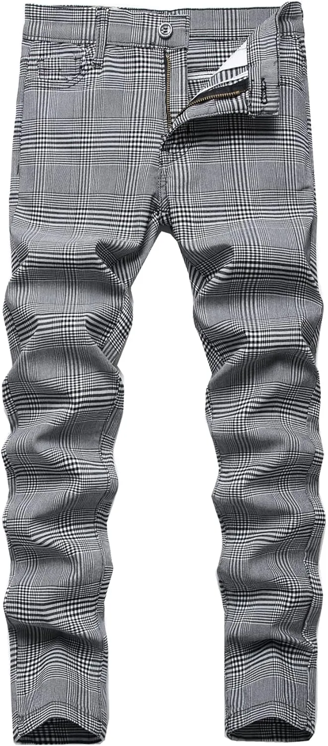 Boy's Khaki Chino Pants School Uniform Dress Plaid Skinny Fit Stretch Fashion Comfy Pants