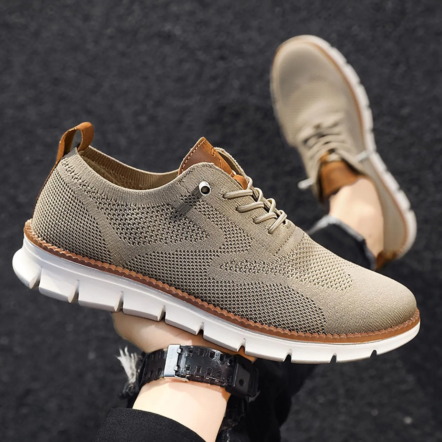 Breeze Men's Urban Ultra Comfortable Mesh Dress Sneakers - Business Casual Walking Shoes (Khaki, 12.5)
