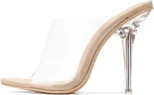 Cape Robbin Allure Lucite Clear PVC Mules Open Toe Stiletto Heel Pumps Nude