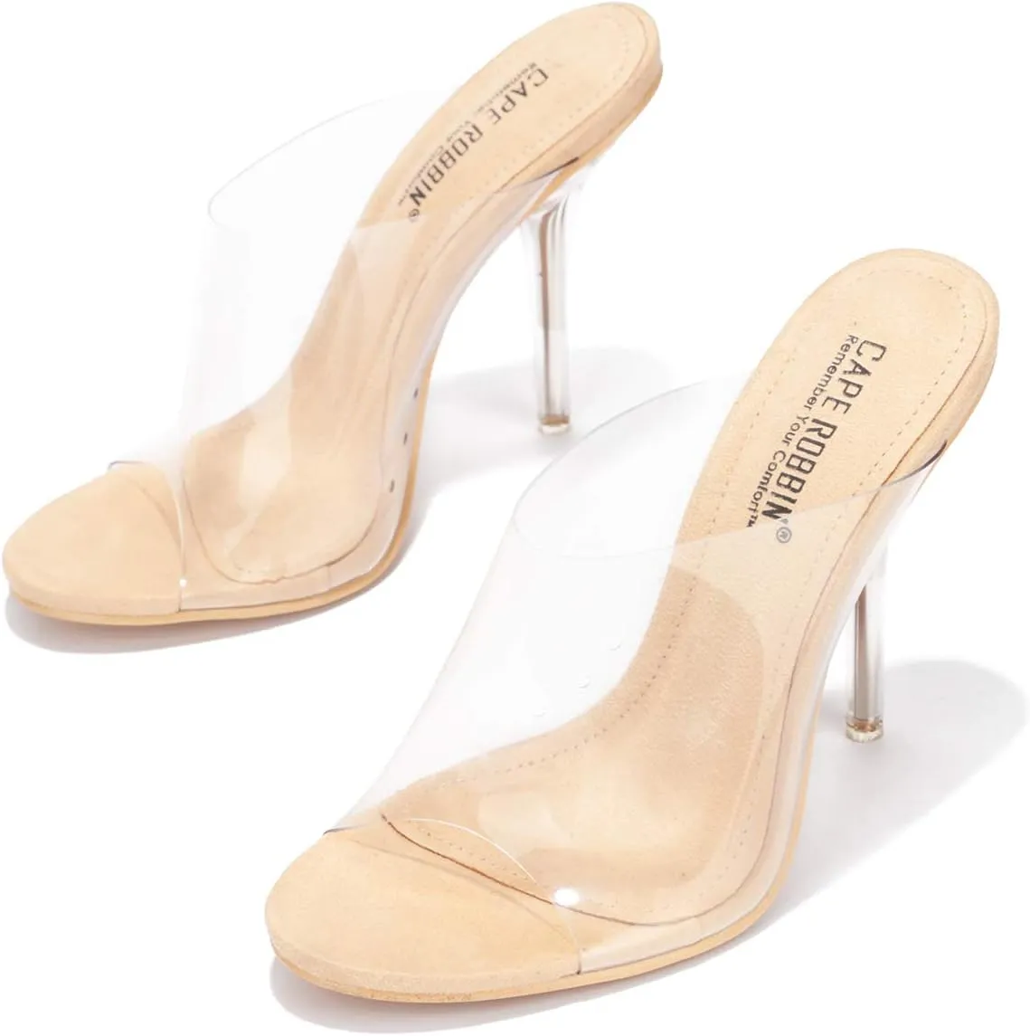 Cape Robbin Allure Lucite Clear PVC Mules Open Toe Stiletto Heel Pumps Nude