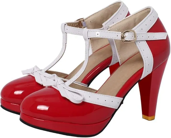 Caradise Womens High Heel T Strap Mary Jane Patent Pumps with Bow Rockabilly Dress Shoes