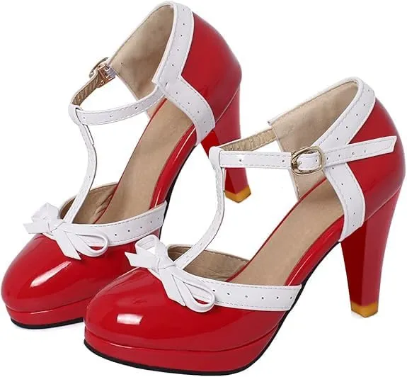 Caradise Womens High Heel T Strap Mary Jane Patent Pumps with Bow Rockabilly Dress Shoes