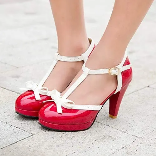 Caradise Womens High Heel T Strap Mary Jane Patent Pumps with Bow Rockabilly Dress Shoes