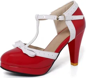 Caradise Womens High Heel T Strap Mary Jane Patent Pumps with Bow Rockabilly Dress Shoes