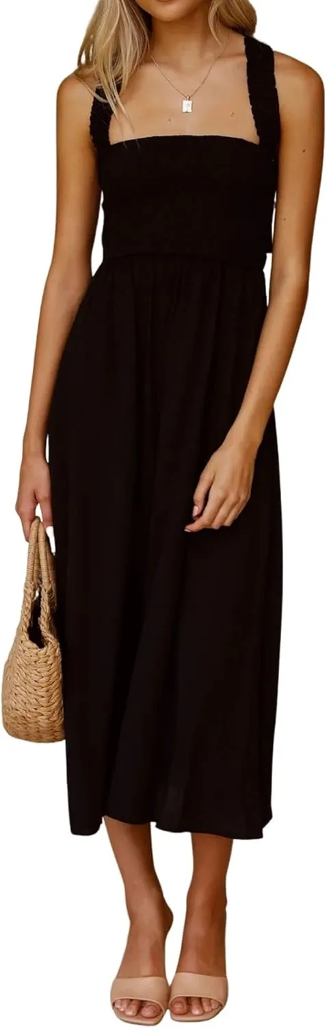 CHARTOU Women Sexy Spaghetti Strap Cut Out Smocked Dress Party Backless Flowy Midi Dress with Pocket