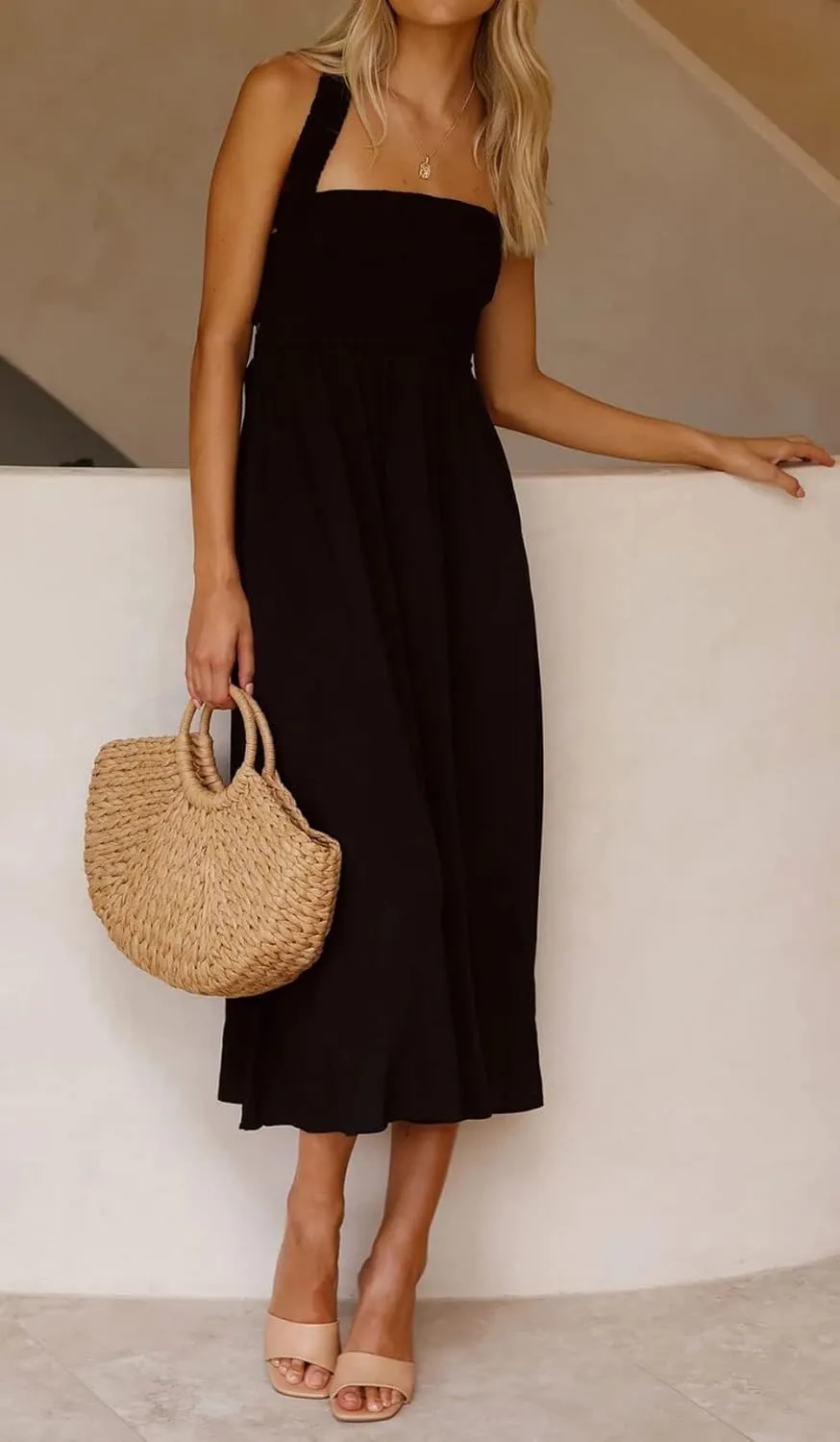 CHARTOU Women Sexy Spaghetti Strap Cut Out Smocked Dress Party Backless Flowy Midi Dress with Pocket
