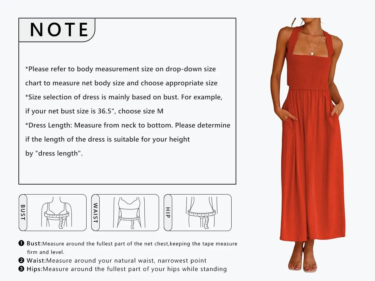CHARTOU Women Sexy Spaghetti Strap Cut Out Smocked Dress Party Backless Flowy Midi Dress with Pocket