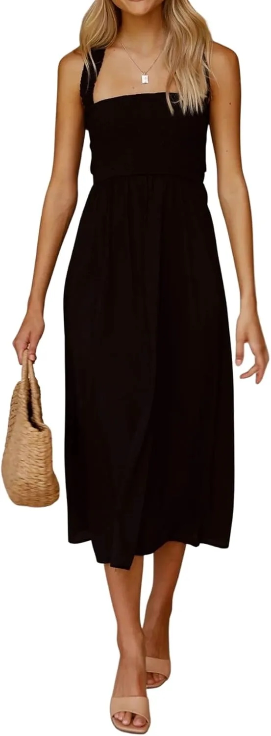 CHARTOU Women Sexy Spaghetti Strap Cut Out Smocked Dress Party Backless Flowy Midi Dress with Pocket