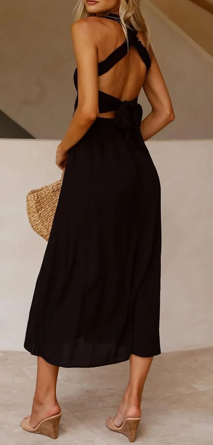 CHARTOU Women Sexy Spaghetti Strap Cut Out Smocked Dress Party Backless Flowy Midi Dress with Pocket