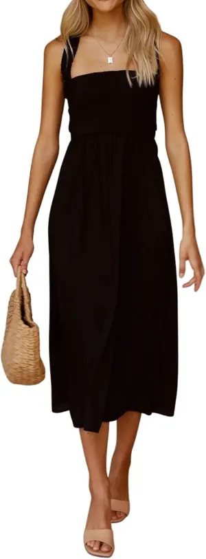 CHARTOU Women Sexy Spaghetti Strap Cut Out Smocked Dress Party Backless Flowy Midi Dress with Pocket