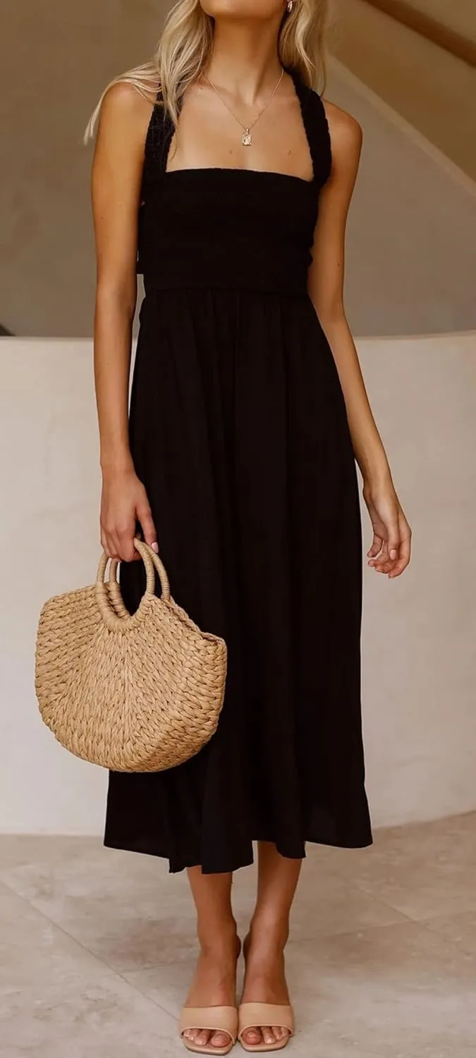 CHARTOU Women Sexy Spaghetti Strap Cut Out Smocked Dress Party Backless Flowy Midi Dress with Pocket