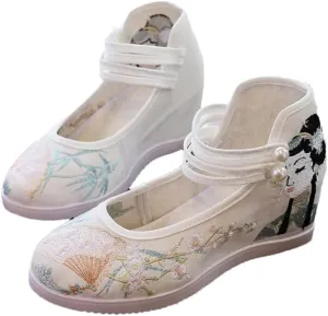 Chinese Royal Embroidered Cotton Fabric Hidden Platform Shoes Retro Ladies Ankle Strap Hanfu Dress Shoes