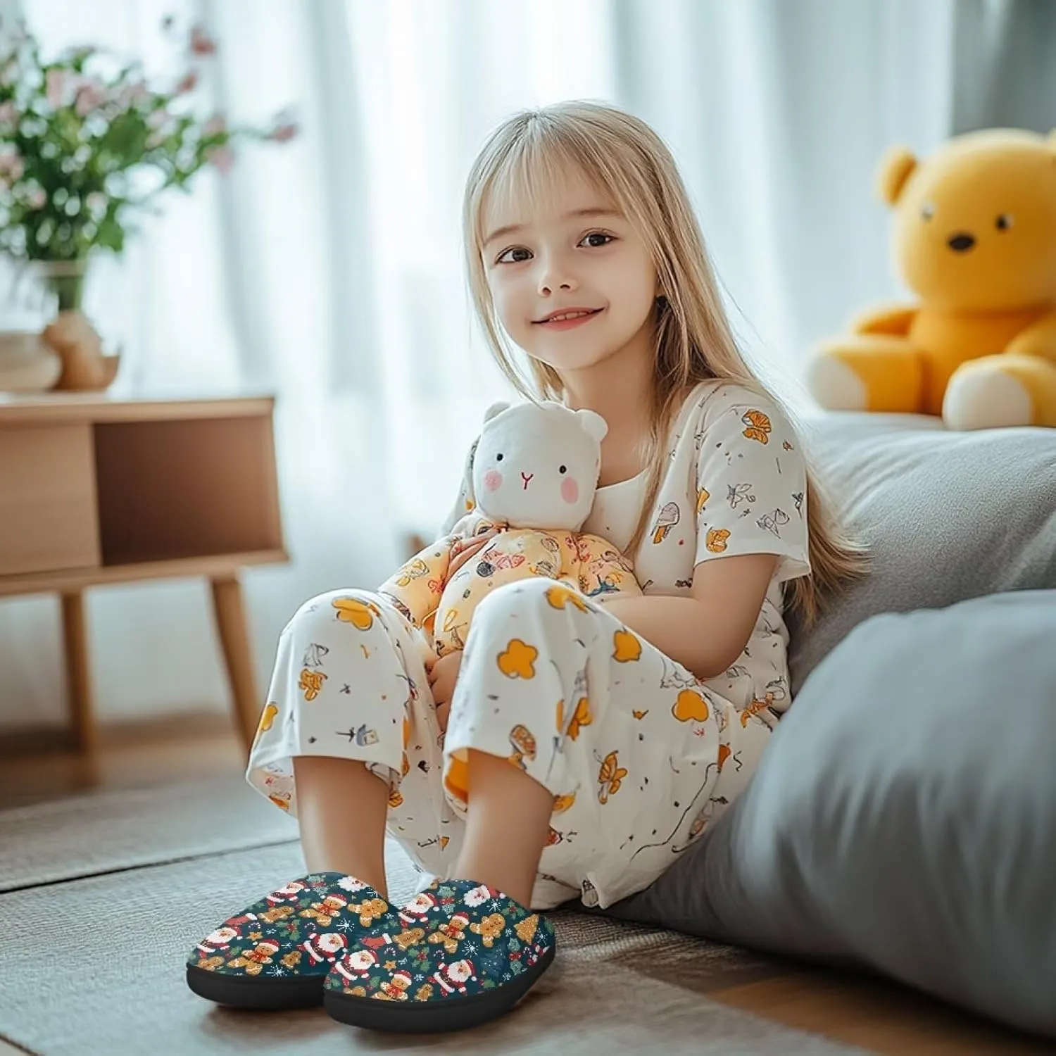 Christmas Kids Fuzzy Warm House Slippers for Girls Non Slip Rubber Sole Home Slippers for Toddlers Size 9-15