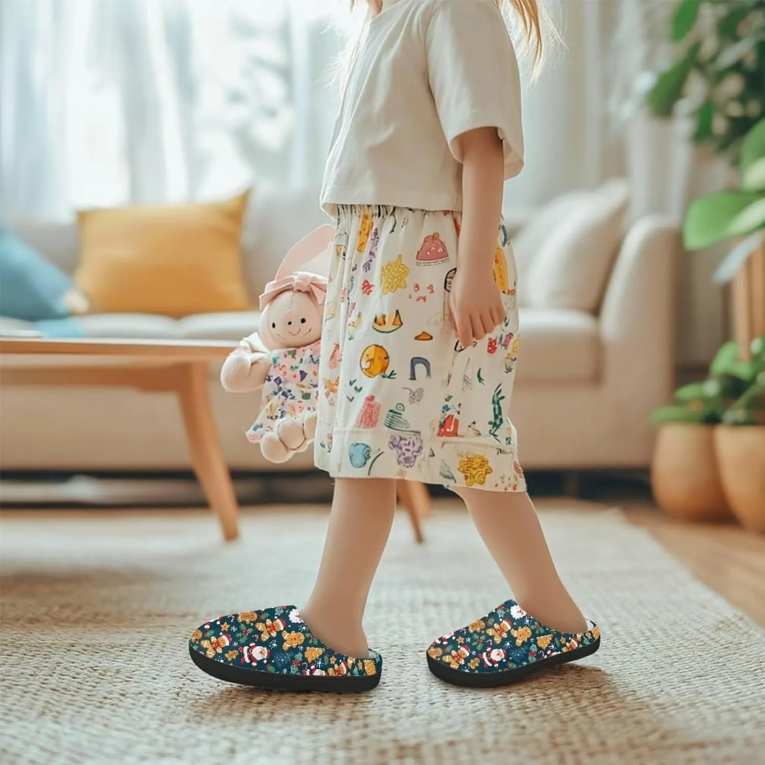 Christmas Kids Fuzzy Warm House Slippers for Girls Non Slip Rubber Sole Home Slippers for Toddlers Size 9-15