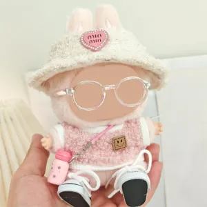 Cloth for Labubu Doll,5-Piece Handcrafted Crochet Clothes Outfit for 17cm Labubu(NO Doll) - Light Pink Clothes   Light Pink Bear-Shaped Velvet hat   Glasses   Shoulder Bag   White Canvas Shoes