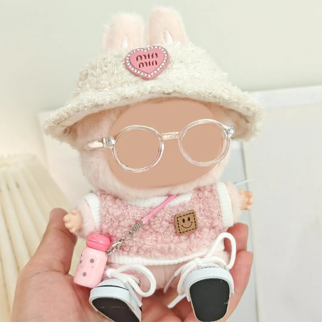 Cloth for Labubu Doll,5-Piece Handcrafted Crochet Clothes Outfit for 17cm Labubu(NO Doll) - Light Pink Clothes   Light Pink Bear-Shaped Velvet hat   Glasses   Shoulder Bag   White Canvas Shoes
