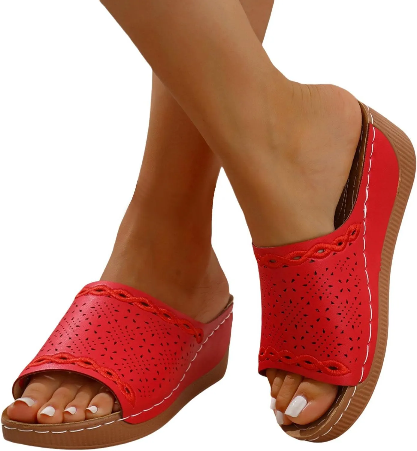 Comfortable Arch Support Slides Women's Hollow Sandals Breathable Summer 2025 Orthotic Leather Platform Wedge Sandals Slip on Women All Day Walking Casual Sandal