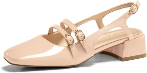 Coutgo Womens Mary Jane Chunky Low Heels Slingback Pumps Closed Square Toe Wedding Dress Shoes