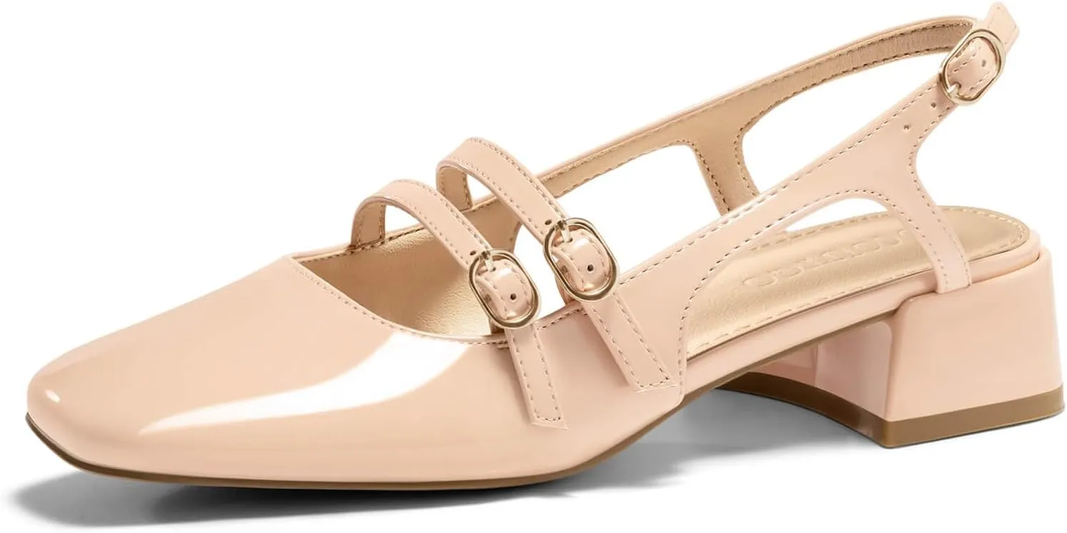 Coutgo Womens Mary Jane Chunky Low Heels Slingback Pumps Closed Square Toe Wedding Dress Shoes