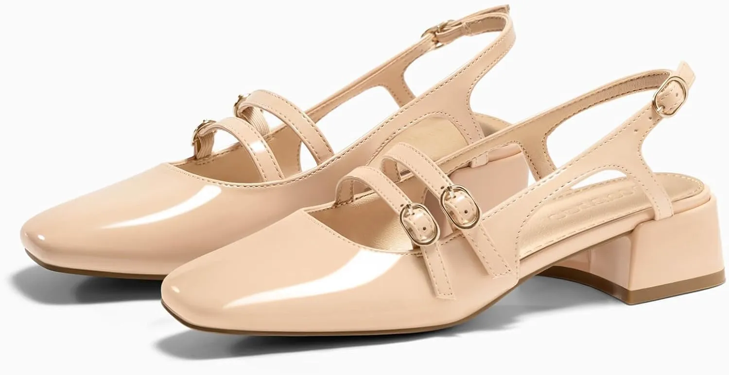 Coutgo Womens Mary Jane Chunky Low Heels Slingback Pumps Closed Square Toe Wedding Dress Shoes